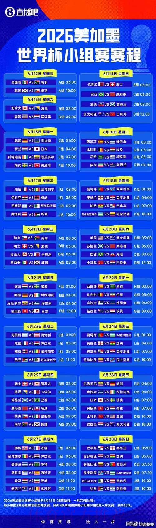 2026世界杯小组赛赛程一览赛事详情在哪里看